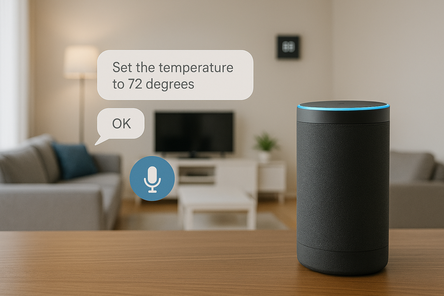 Modern smart home interior with voice-activated lighting and temperature control